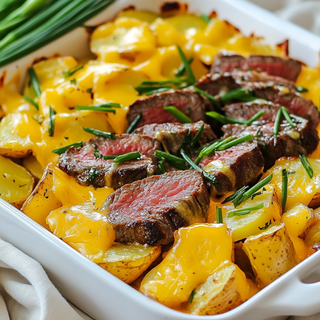 Garlic Butter Steak and Cheddar Potato Bake Delight