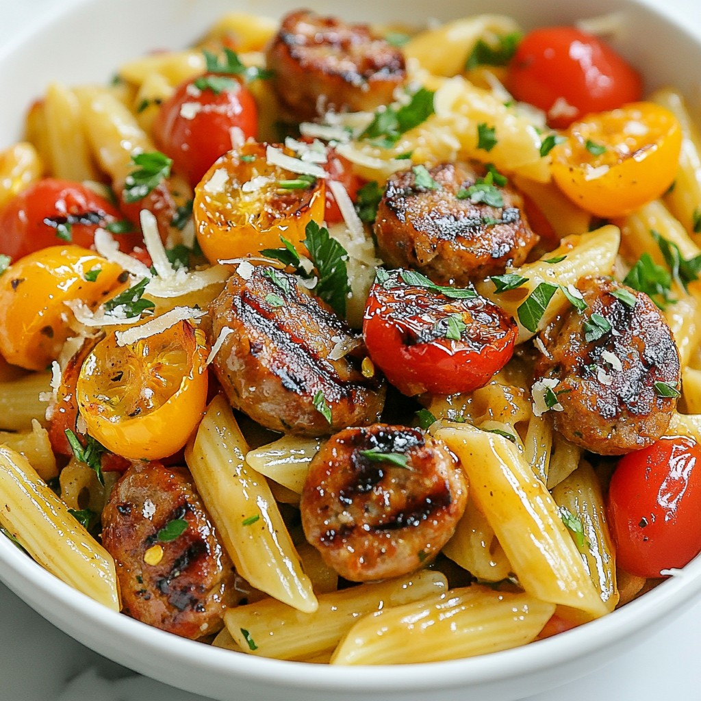 One Skillet Spicy Honey BBQ Chicken Sausage Pasta Delight
