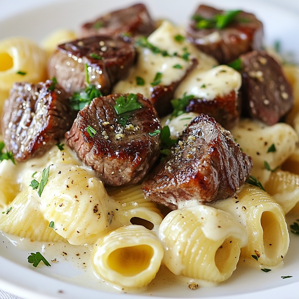 Garlic Butter Steak Bites with Alfredo Shells Delight