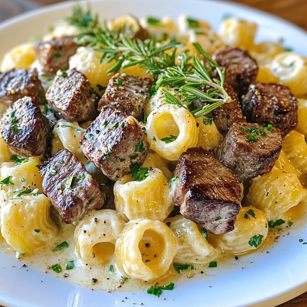 Garlic Butter Steak Bites with Alfredo Shells Delight